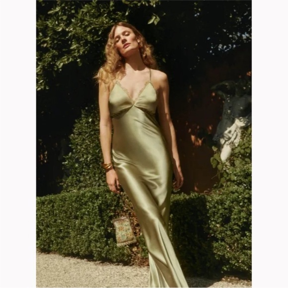 Reformation Silk Dress Green Maxi Lace NWT - Picture 1 of 7